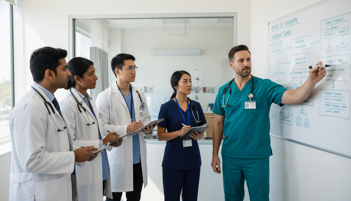 Clinical team discussing addiction medicine cases during an away rotation Clinical team discussing addiction medicine cases during an away rotation - non-US citizen IMG for Away Rotation Strategy for