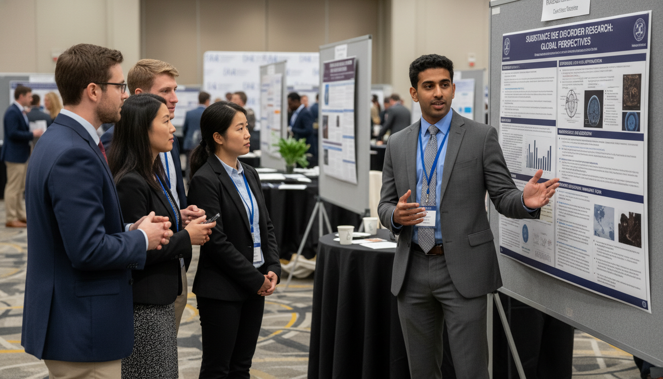 Resident presenting addiction medicine research poster at conference Resident presenting addiction medicine research poster at conference - non-US citizen IMG for Research During Residency for N