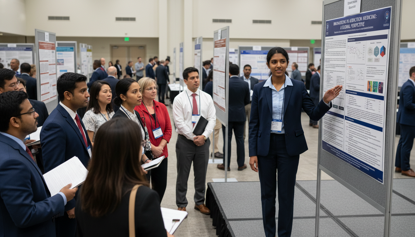 International medical graduate presenting addiction research poster - non-US citizen IMG for Research Profile Building for No