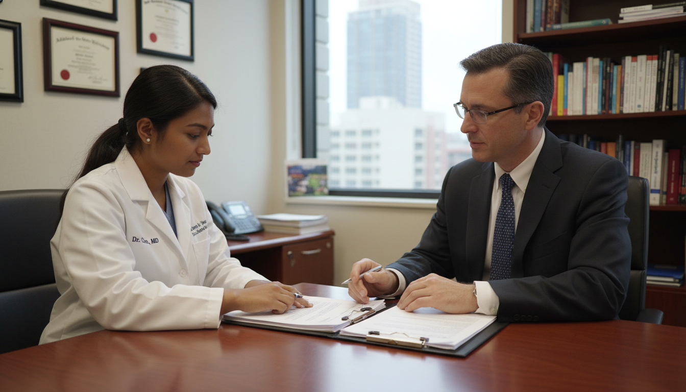 Non-US citizen IMG discussing residency visa plans with program director Non-US citizen IMG discussing residency visa plans with program director - non-US citizen IMG for Visa Navigation for Residen