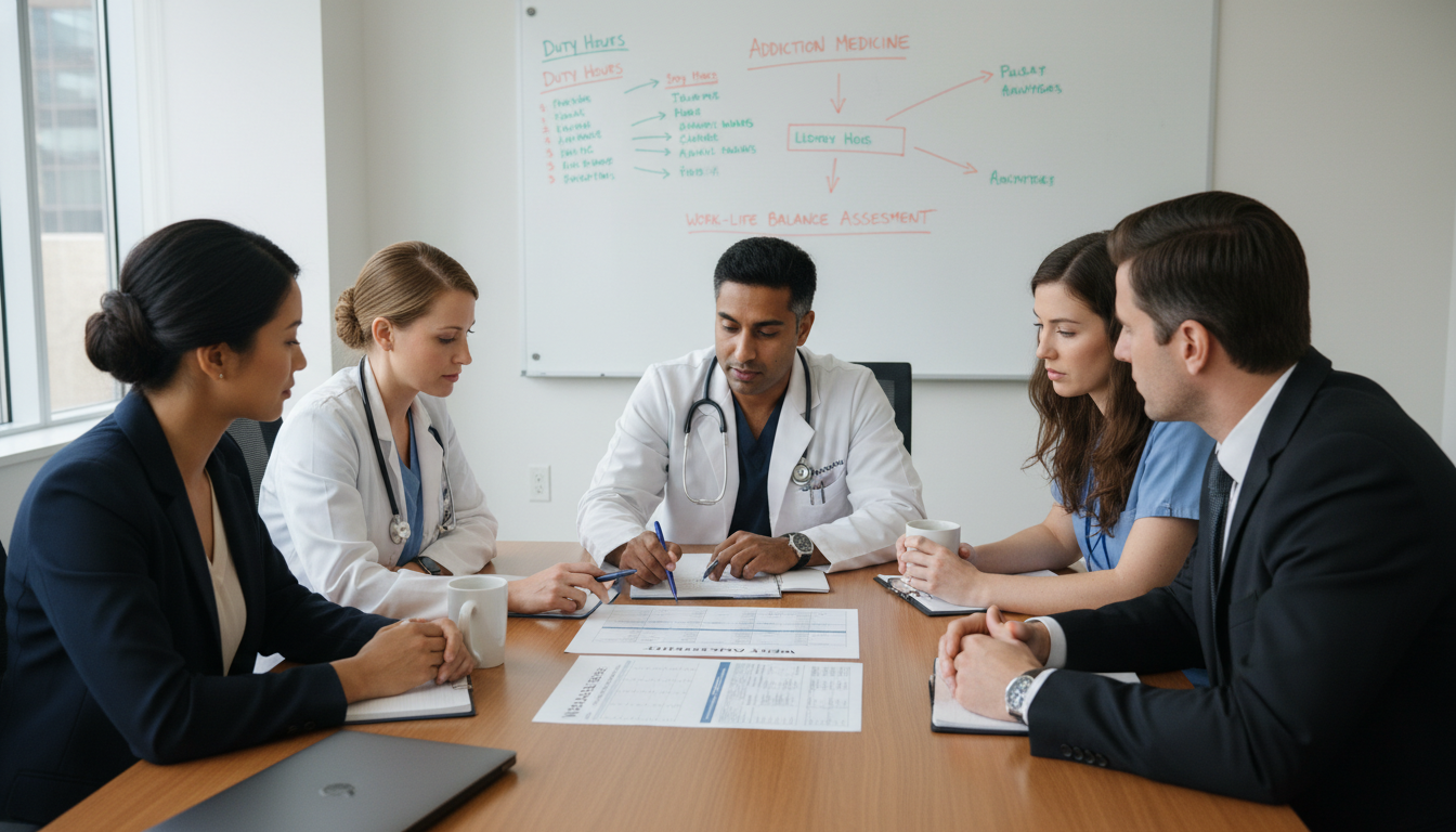 Addiction medicine team discussing patient care and schedules Addiction medicine team discussing patient care and schedules - non-US citizen IMG for Work-Life Balance Assessment for Non-U