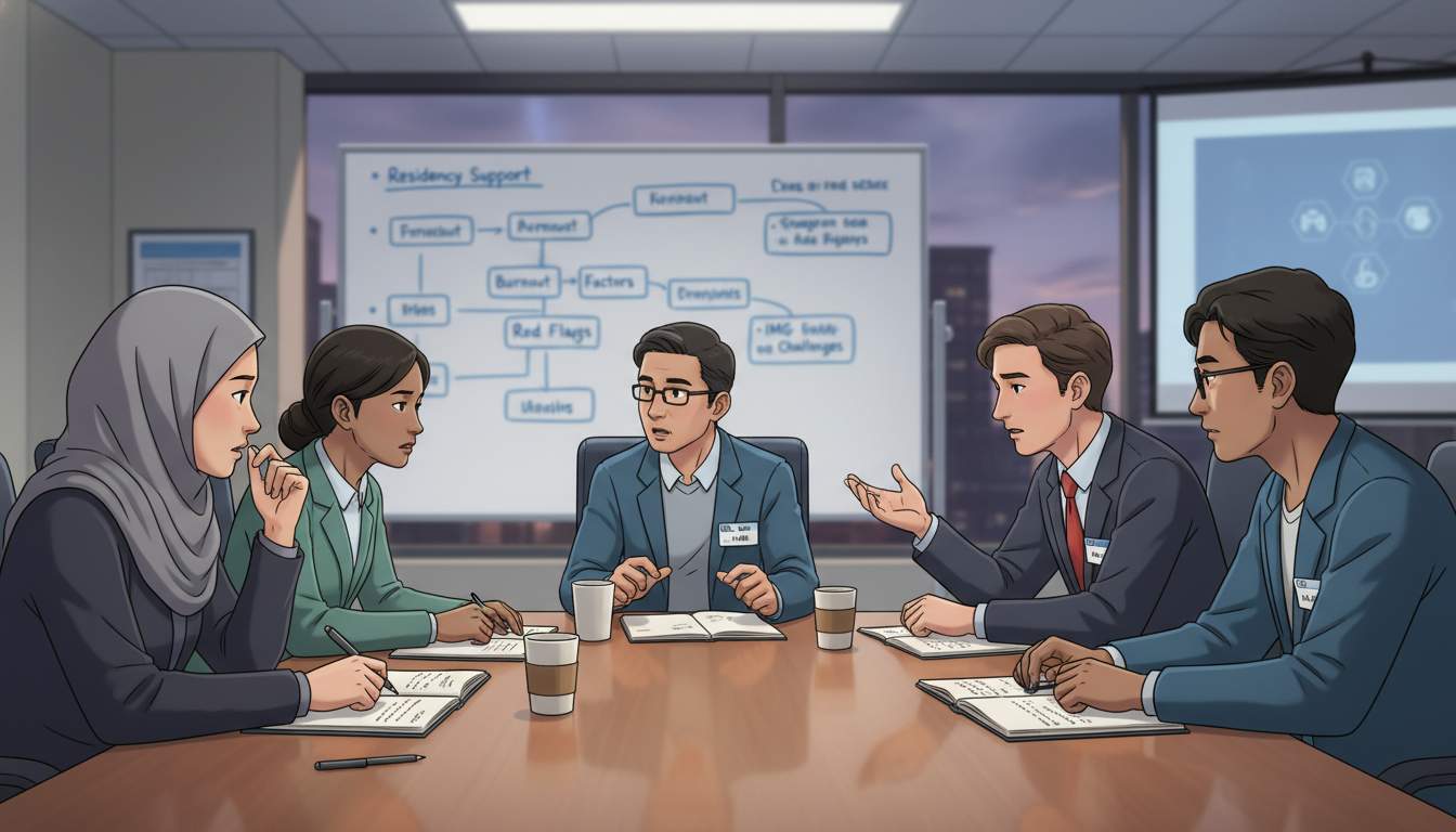 Anesthesiology residents discussing program culture and support Anesthesiology residents discussing program culture and support - non-US citizen IMG for Identifying Malignant Programs for N