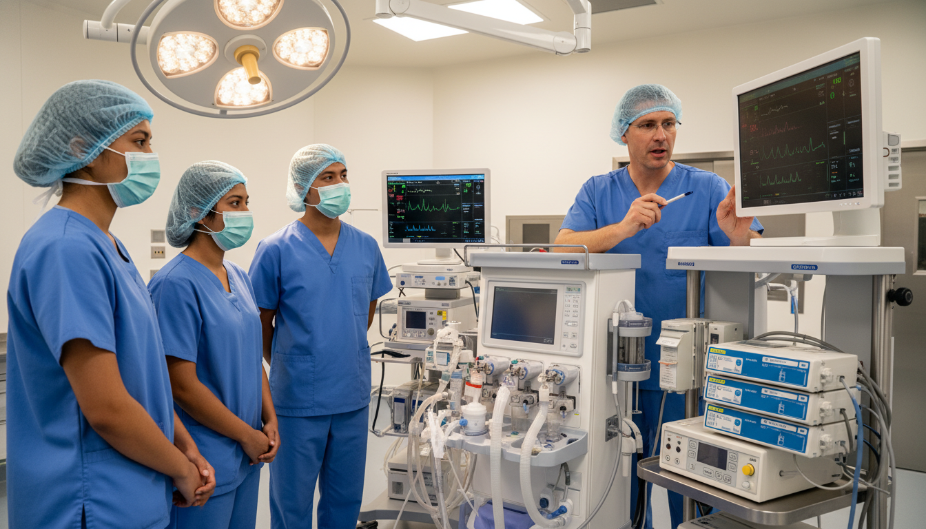 Anesthesiology residents in operating room receiving teaching from attending Anesthesiology residents in operating room receiving teaching from attending - non-US citizen IMG for Questions to Ask Progra