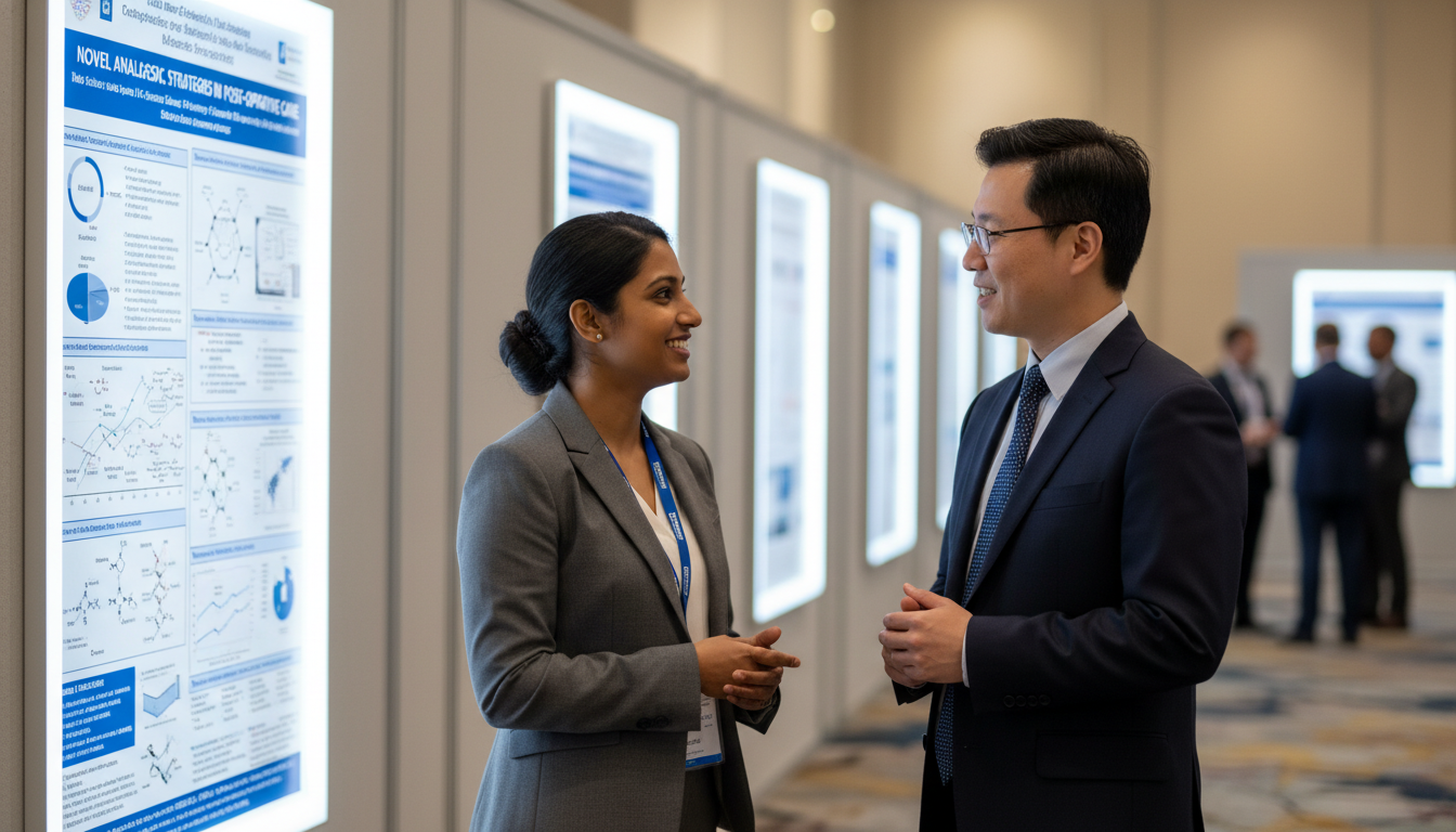 Non-US IMG anesthesiology researcher presenting a poster at a medical conference Non-US IMG anesthesiology researcher presenting a poster at a medical conference - non-US citizen IMG for Research Profile Bu