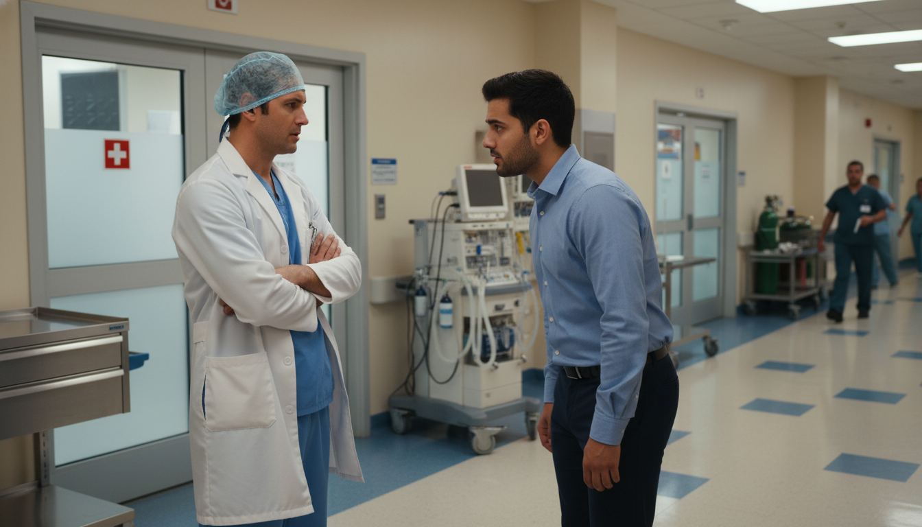 Anesthesiology resident talking privately with an applicant in hospital hallway Anesthesiology resident talking privately with an applicant in hospital hallway - non-US citizen IMG for Resident Turnover Wa