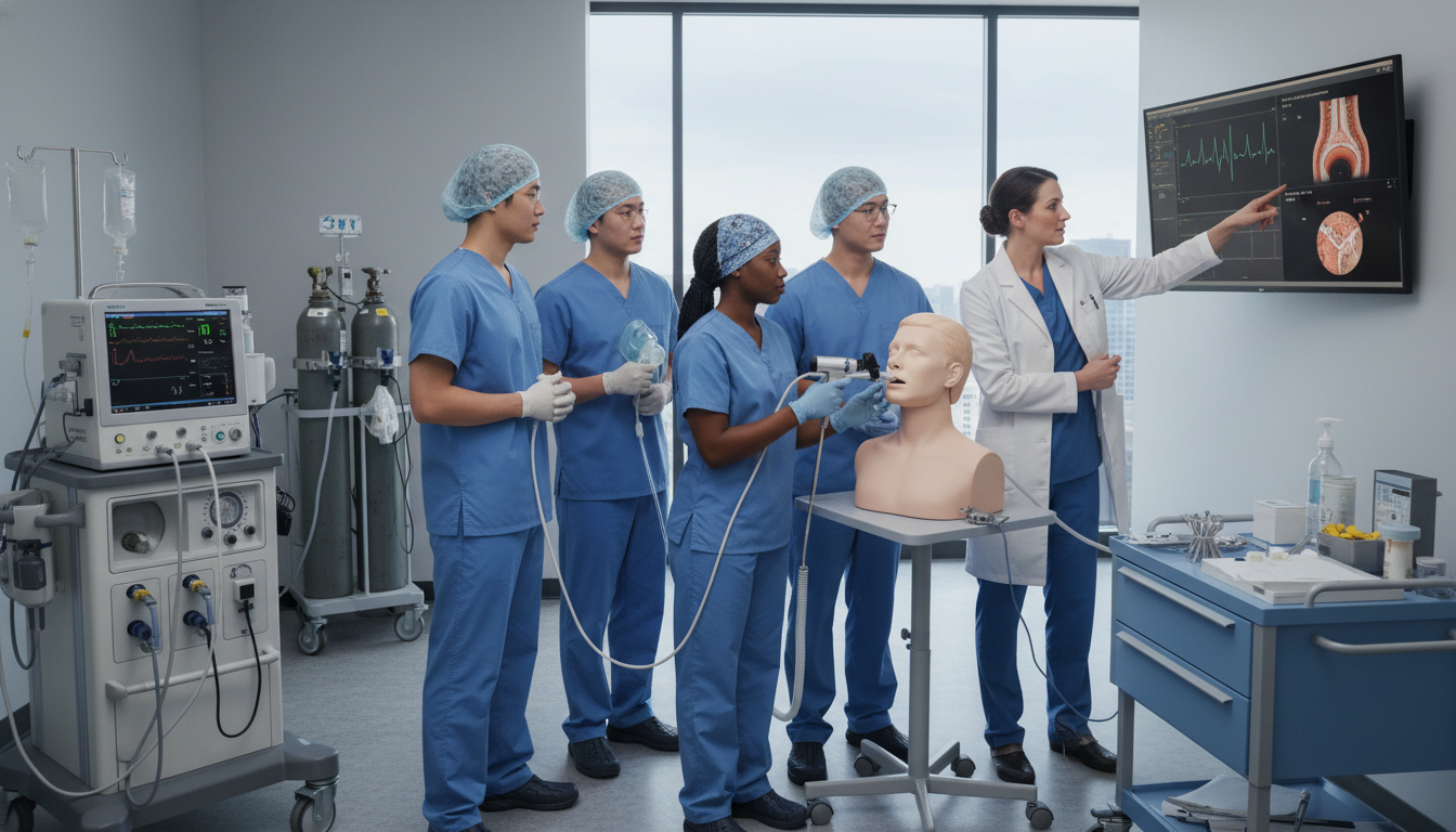Diverse anesthesiology residents in simulation lab practicing airway management Diverse anesthesiology residents in simulation lab practicing airway management - non-US citizen IMG for Resident Turnover Wa