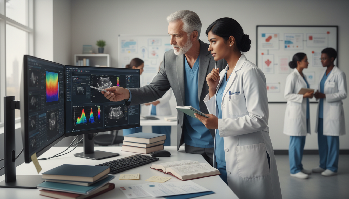 Resident cardiologist and mentor reviewing cardiology research data together - non-US citizen IMG for Research During Residen