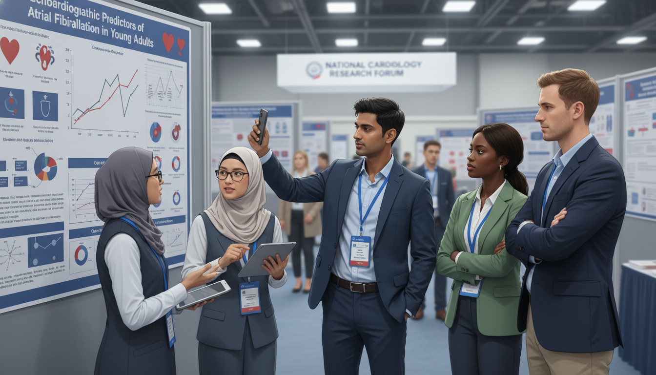 International internal medicine residents presenting cardiology research posters at a medical conference - non-US citizen IMG