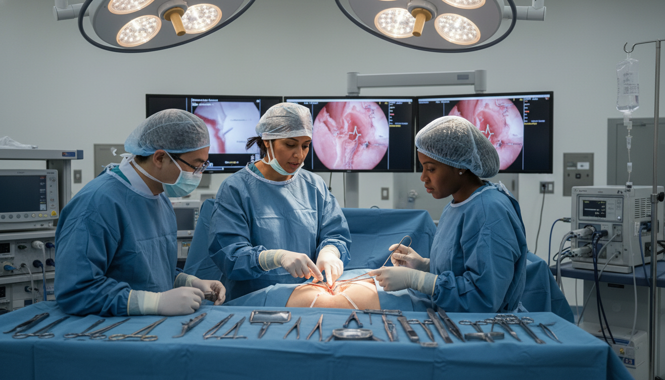 Cardiothoracic surgeon teaching residents in an academic operating room Cardiothoracic surgeon teaching residents in an academic operating room - non-US citizen IMG for Academic vs Private Practice
