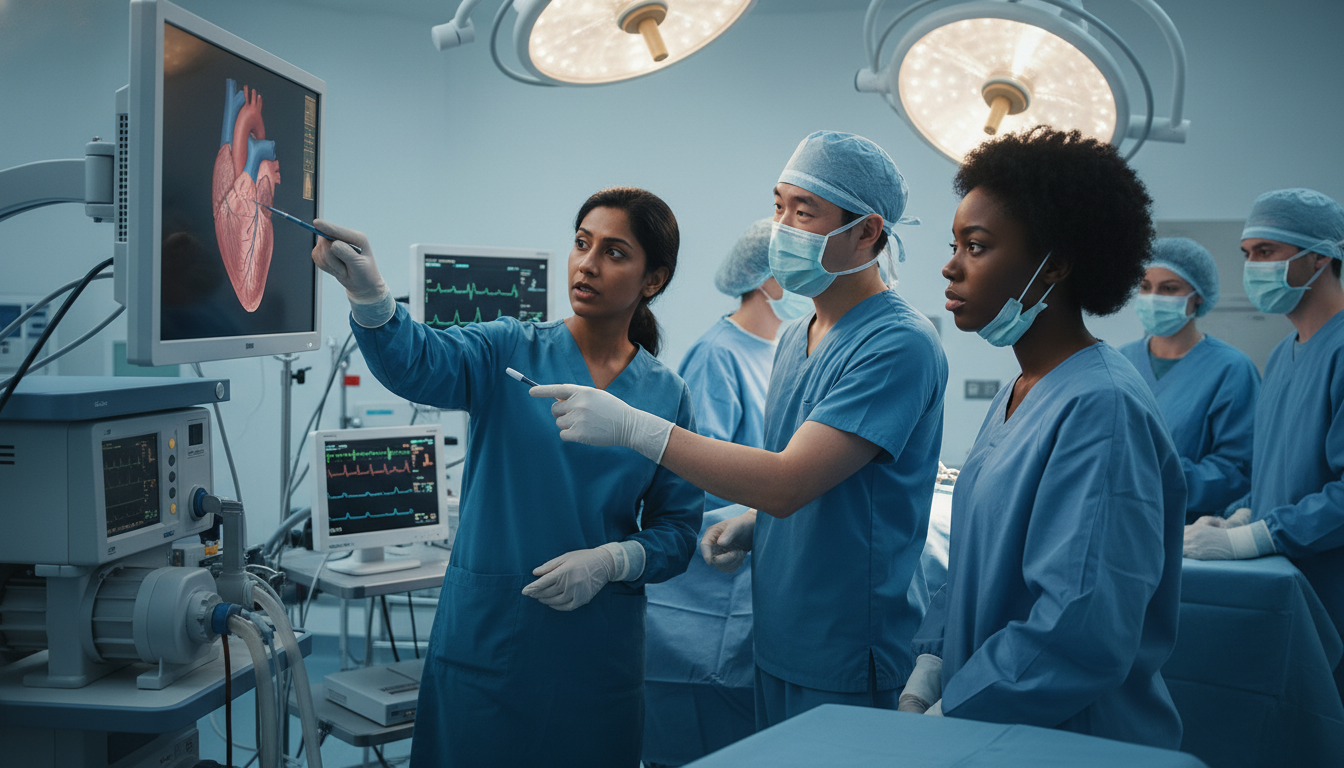 Cardiothoracic surgery team teaching an international medical student in the operating room Cardiothoracic surgery team teaching an international medical student in the operating room - non-US citizen IMG for Away Rot