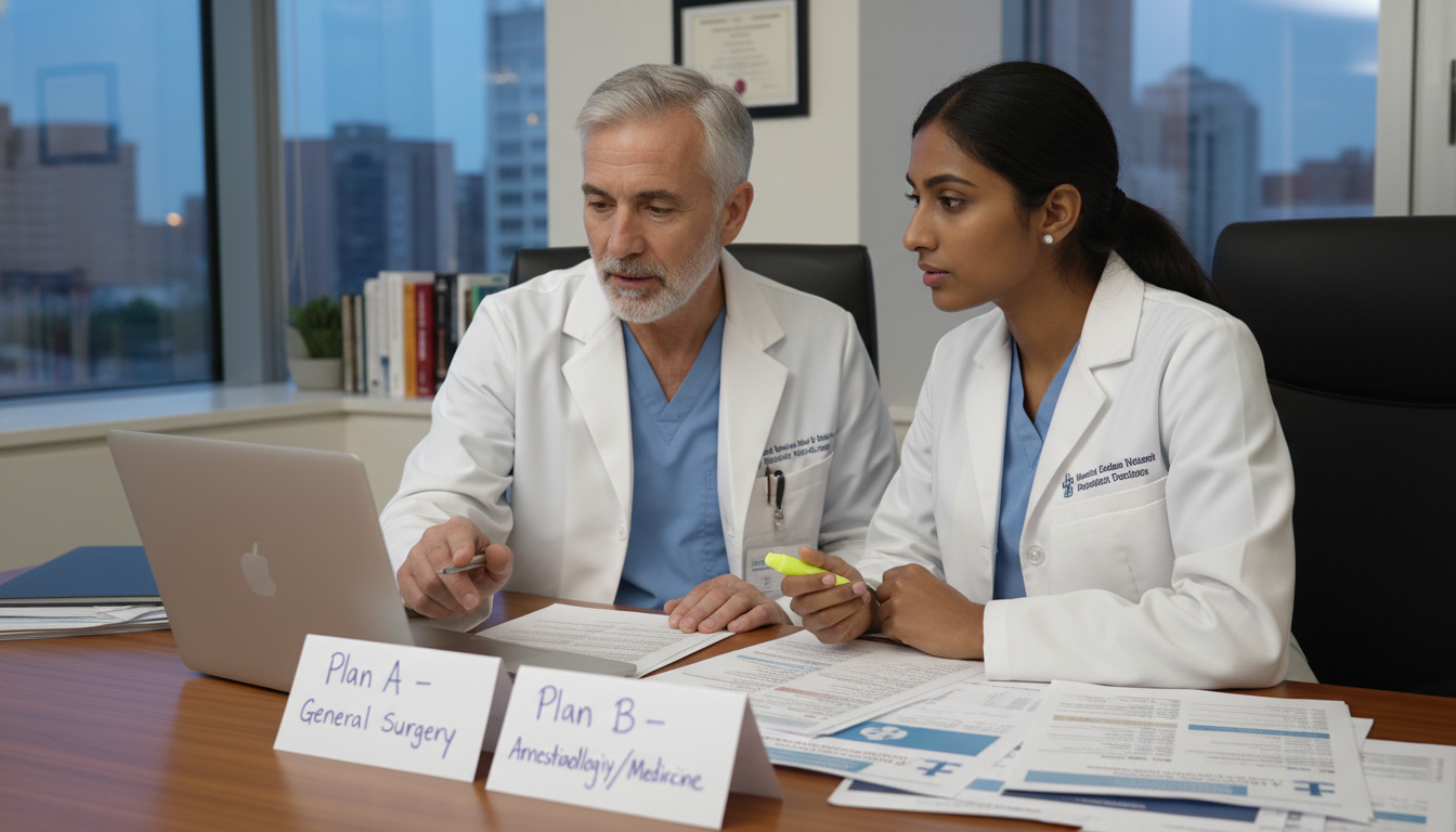 Non-US citizen IMG meeting with faculty mentor to discuss residency backup plans Non-US citizen IMG meeting with faculty mentor to discuss residency backup plans - non-US citizen IMG for Backup Specialty Pl