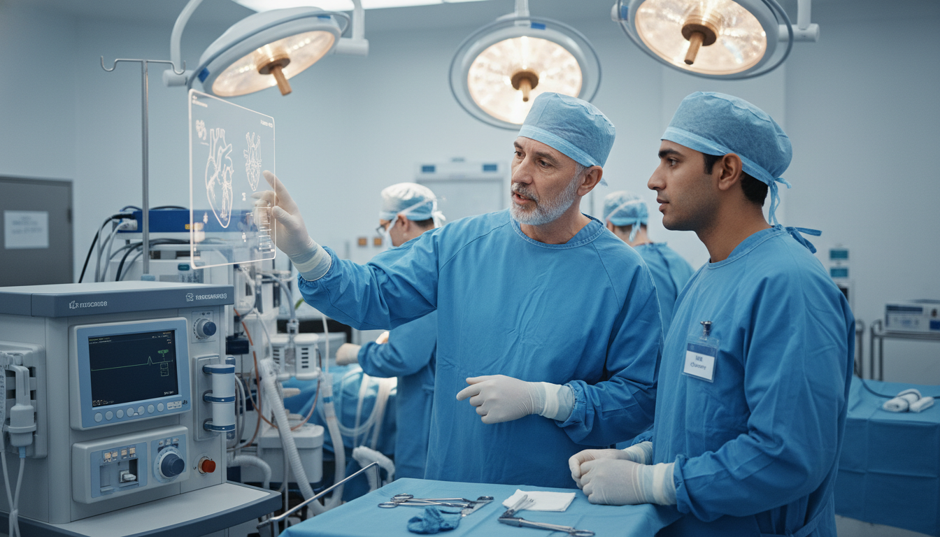 Cardiothoracic surgery team in operating room mentoring an international medical graduate observer Cardiothoracic surgery team in operating room mentoring an international medical graduate observer - non-US citizen IMG for C