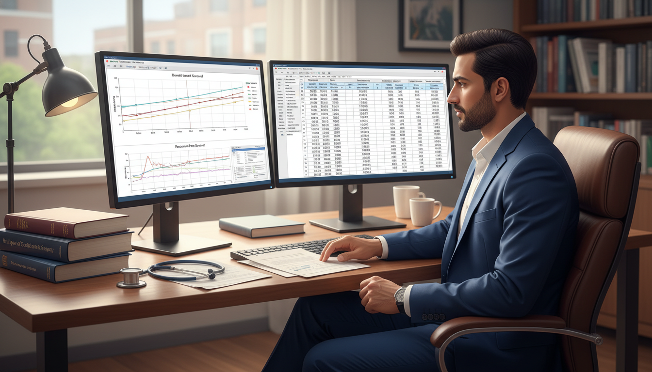 Surgical resident working on data analysis for a cardiothoracic outcomes project Surgical resident working on data analysis for a cardiothoracic outcomes project - non-US citizen IMG for Research During Res