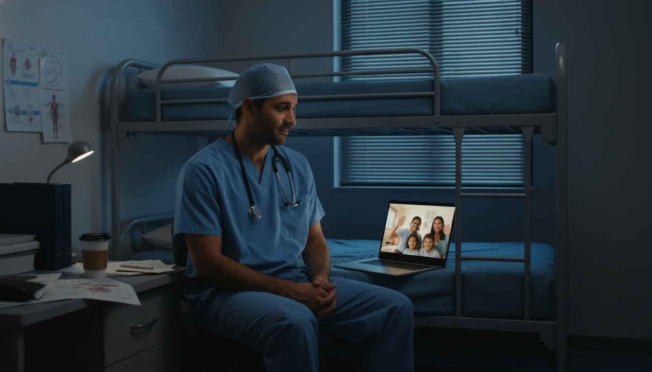 International cardiothoracic surgery resident video calling family from on-call room International cardiothoracic surgery resident video calling family from on-call room - non-US citizen IMG for Work-Life Balan