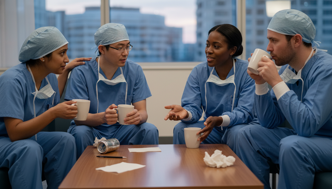 Cardiothoracic surgery residents debriefing and supporting each other after a long shift Cardiothoracic surgery residents debriefing and supporting each other after a long shift - non-US citizen IMG for Work-Life B