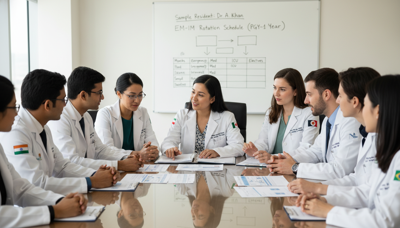 EM-IM program leadership and residents discussing training structure EM-IM program leadership and residents discussing training structure - non-US citizen IMG for Questions to Ask Programs for N