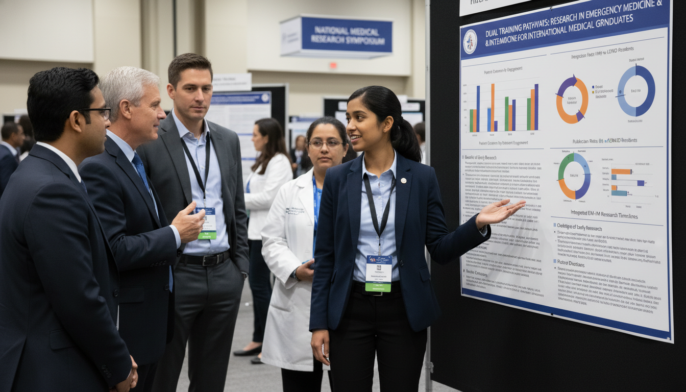 EM-IM resident presenting research poster at a medical conference EM-IM resident presenting research poster at a medical conference - non-US citizen IMG for Research During Residency for Non-