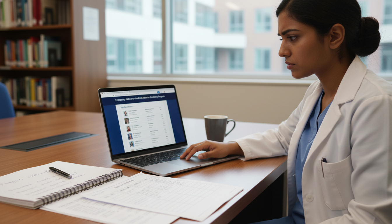 EM-IM Resident Reviewing Program Roster and Notes on a Laptop EM-IM Resident Reviewing Program Roster and Notes on a Laptop - non-US citizen IMG for Resident Turnover Warning Signs for No