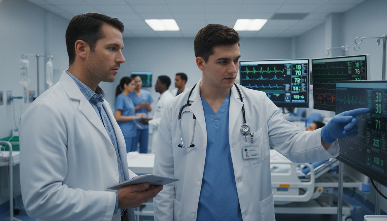 Emergency medicine-internal medicine resident managing a patient in the emergency department - non-US citizen IMG for SOAP Pr