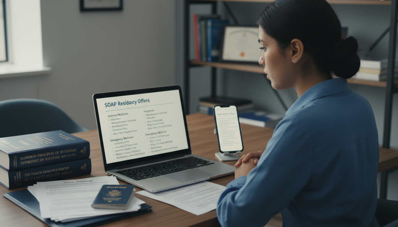 Foreign national medical graduate reviewing SOAP offer options online - non-US citizen IMG for SOAP Preparation for Non-US Ci