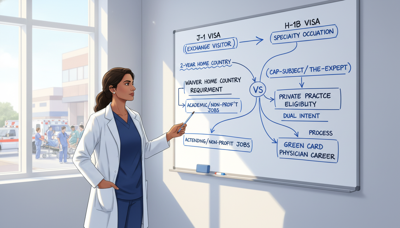 Emergency Medicine-Internal Medicine resident reviewing visa and career planning chart Emergency Medicine-Internal Medicine resident reviewing visa and career planning chart - non-US citizen IMG for Visa Navigati