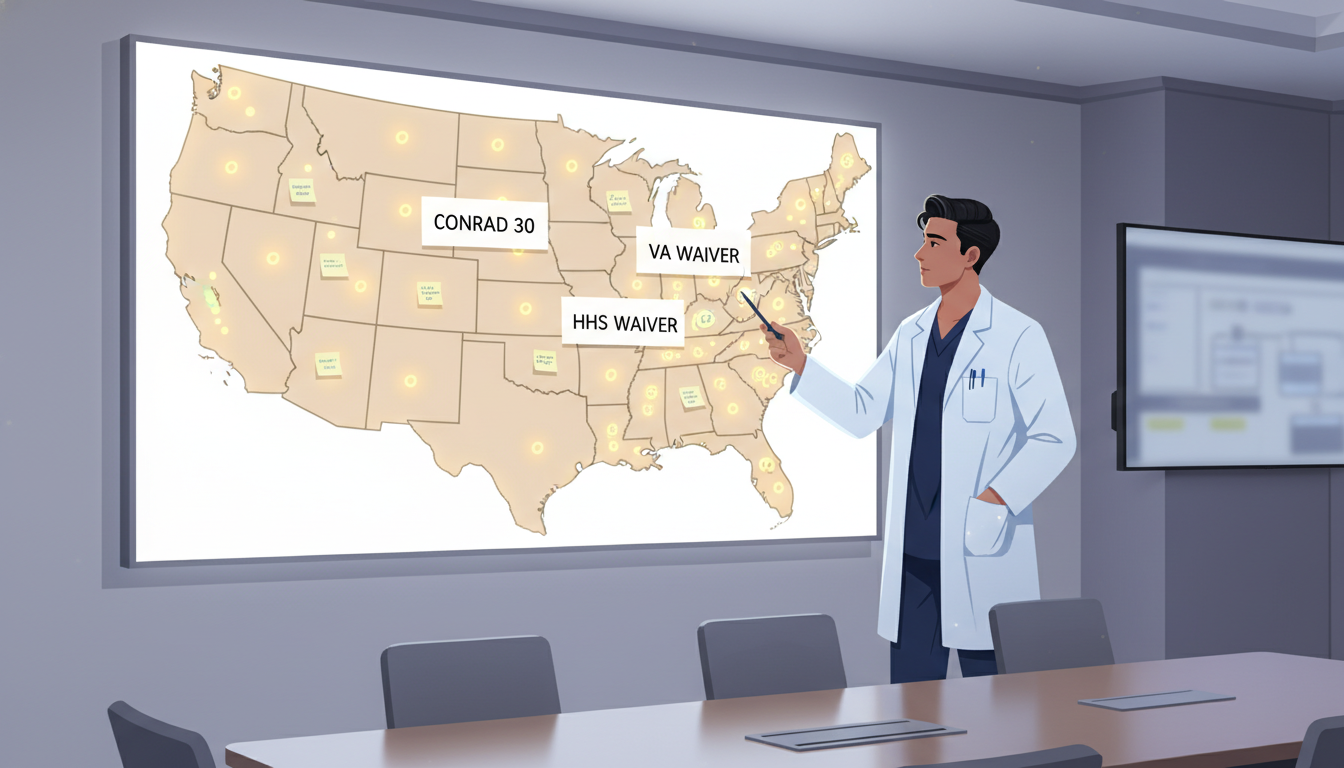 Physician reviewing J-1 waiver options on a map of the United States Physician reviewing J-1 waiver options on a map of the United States - non-US citizen IMG for Visa Navigation for Residency f