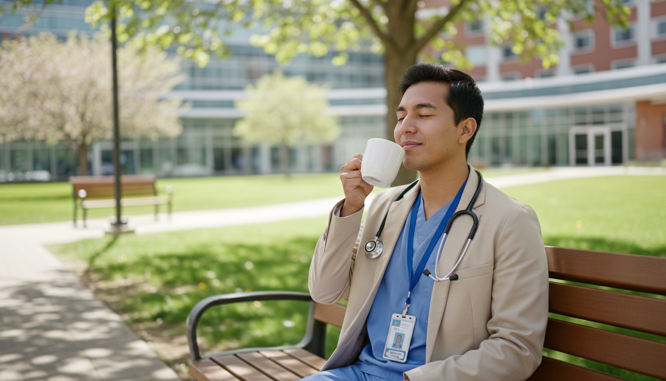 Resident Doctor Taking a Wellness Break Outdoors Resident Doctor Taking a Wellness Break Outdoors - non-US citizen IMG for Work-Life Balance Assessment for Non-US Citizen IMG