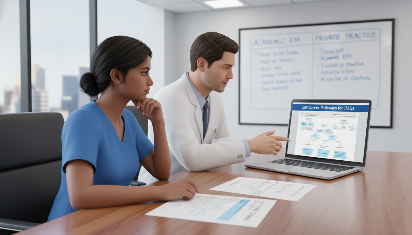 Emergency medicine resident IMG discussing visa and career options with faculty mentor Emergency medicine resident IMG discussing visa and career options with faculty mentor - non-US citizen IMG for Academic vs P