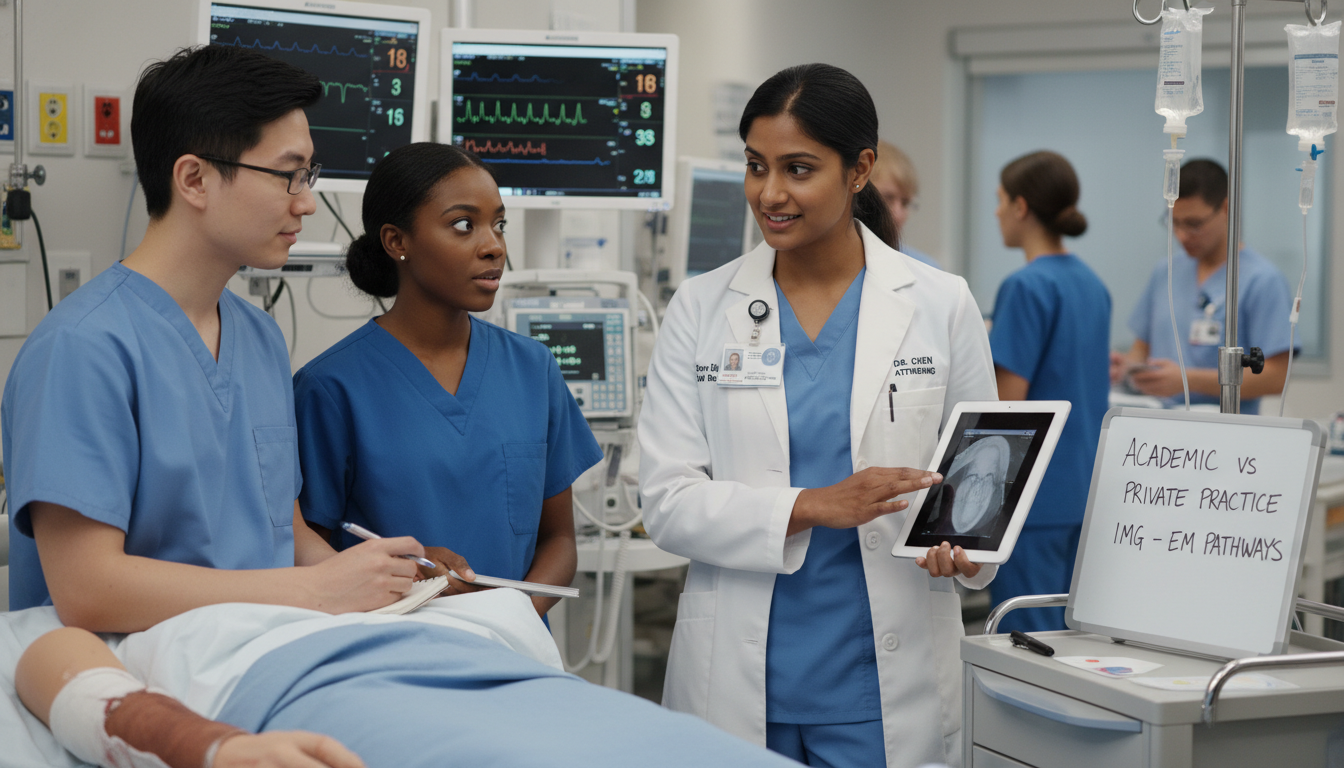 Academic emergency physician teaching residents at bedside in teaching hospital Academic emergency physician teaching residents at bedside in teaching hospital - non-US citizen IMG for Academic vs Private