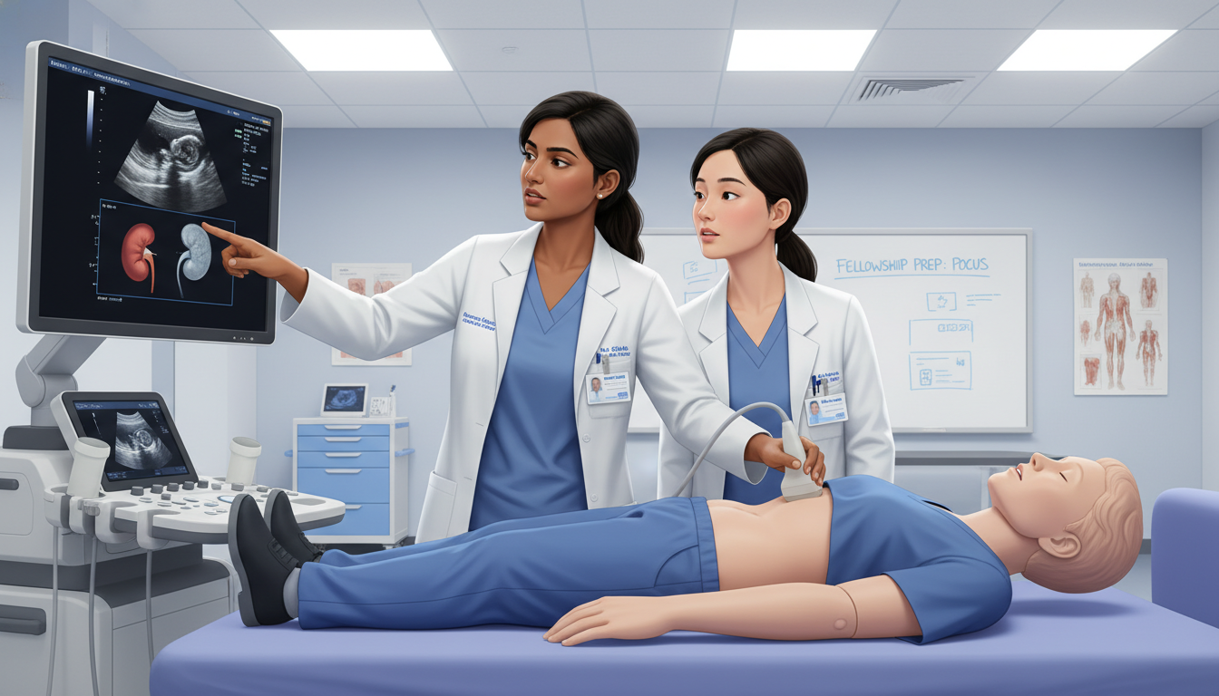 Emergency medicine fellow conducting bedside ultrasound teaching Emergency medicine fellow conducting bedside ultrasound teaching - non-US citizen IMG for Fellowship Preparation for Non-US C