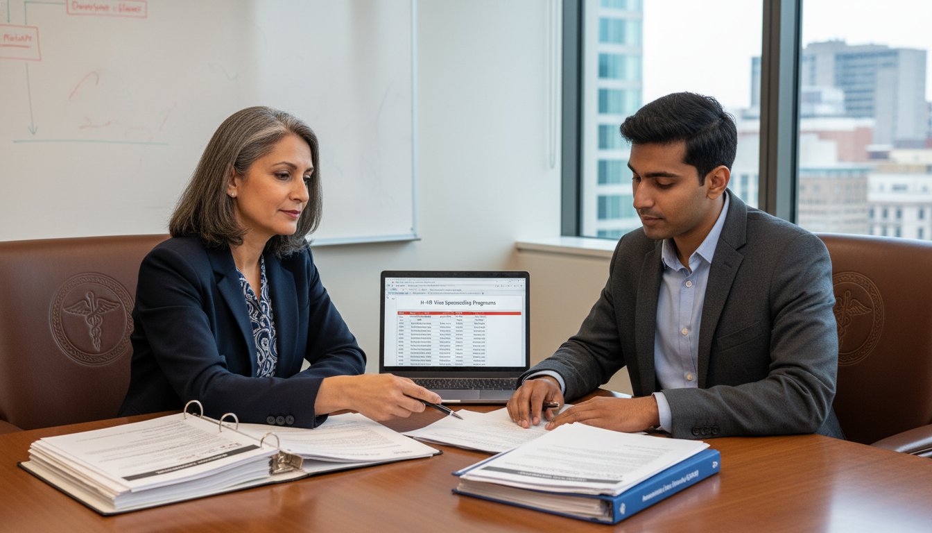 Emergency medicine program director and IMG applicant discussing H‑1B residency sponsorship Emergency medicine program director and IMG applicant discussing H‑1B residency sponsorship - non-US citizen IMG for H-1B Spo