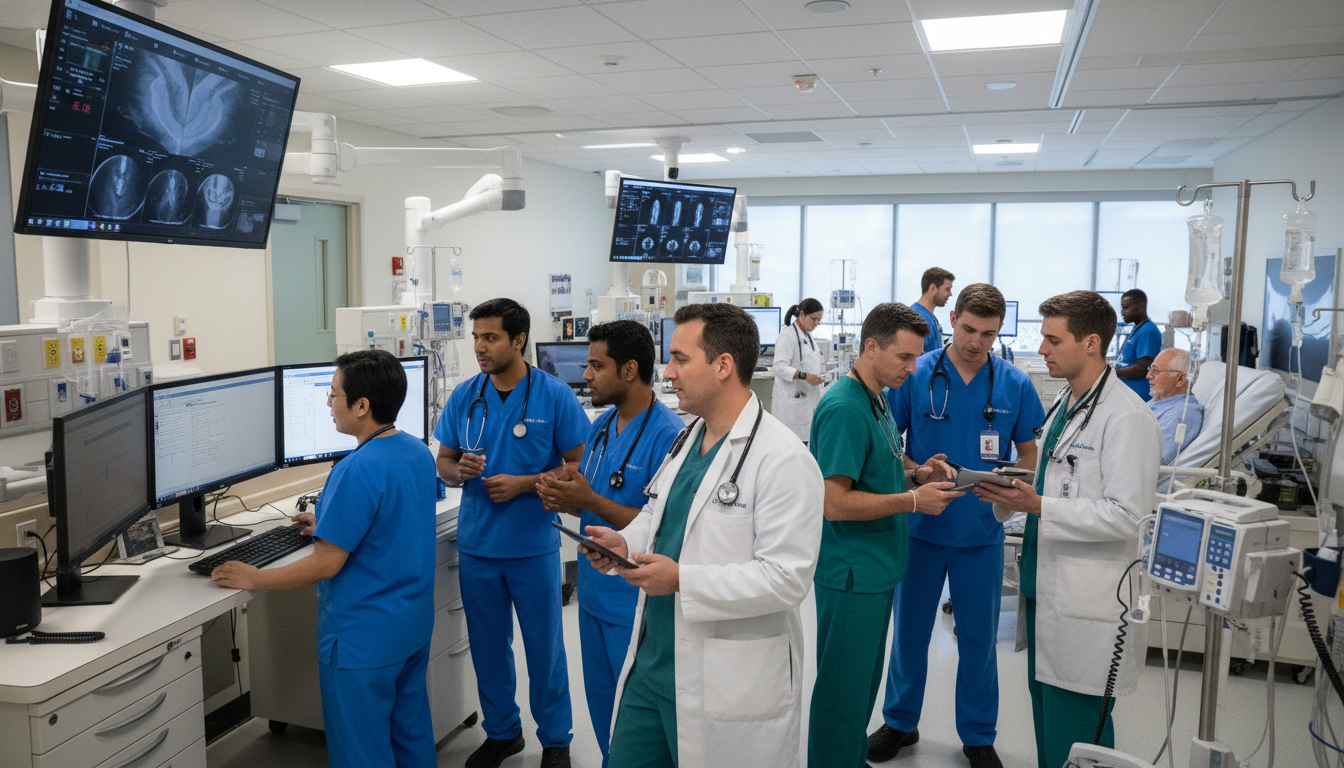 Emergency department with international residents working together Emergency department with international residents working together - non-US citizen IMG for H-1B Sponsorship Programs for Non