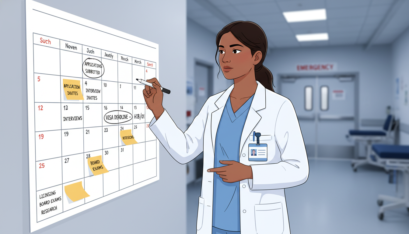 Emergency medicine resident planning job search timeline on a calendar Emergency medicine resident planning job search timeline on a calendar - non-US citizen IMG for Job Search Timing for Non-US