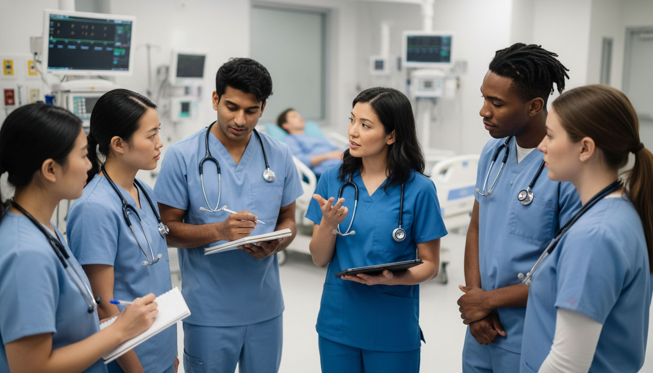 Emergency medicine residents in a team huddle during a shift Emergency medicine residents in a team huddle during a shift - non-US citizen IMG for Questions to Ask Programs for Non-US Ci