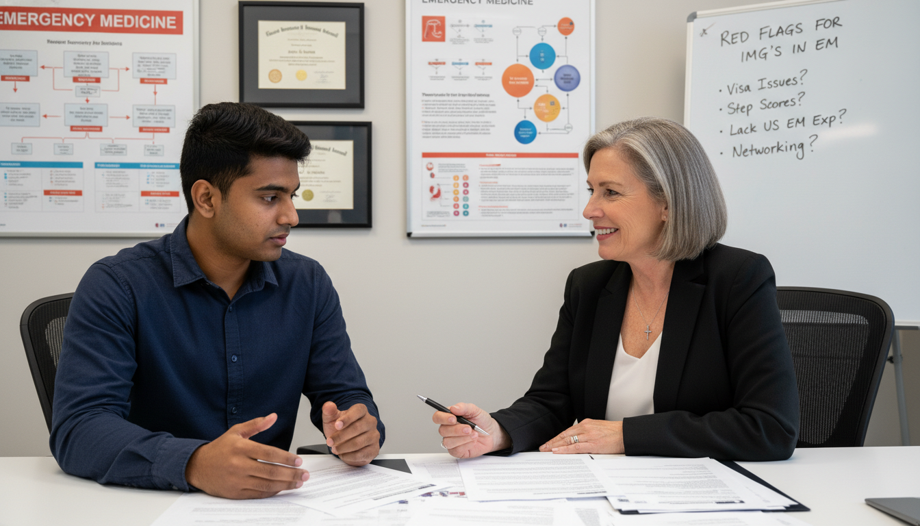 International medical graduate discussing residency application with mentor International medical graduate discussing residency application with mentor - non-US citizen IMG for Addressing Red Flags for