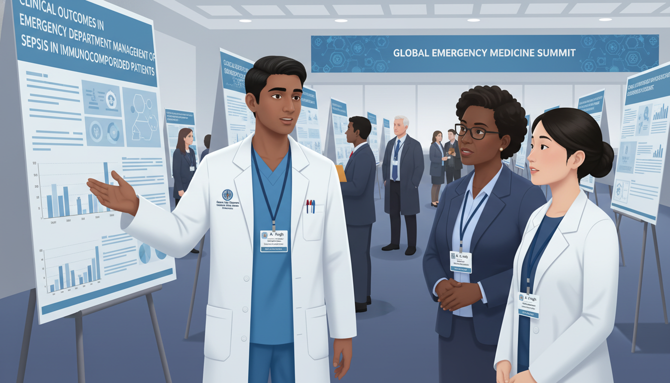 Emergency medicine resident presenting a research poster at a US academic conference Emergency medicine resident presenting a research poster at a US academic conference - non-US citizen IMG for Research During
