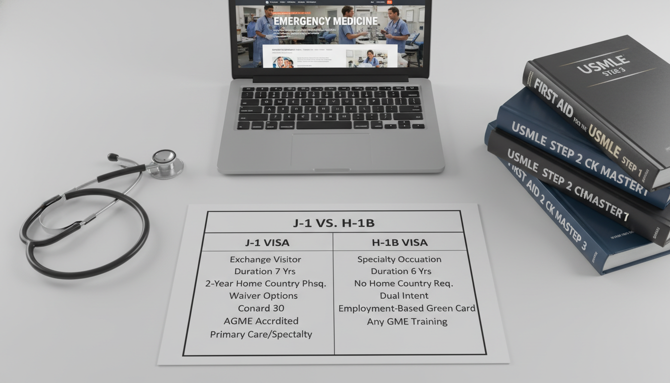 Comparison chart of J-1 and H-1B visa options for emergency medicine residents - non-US citizen IMG for Visa Navigation for R