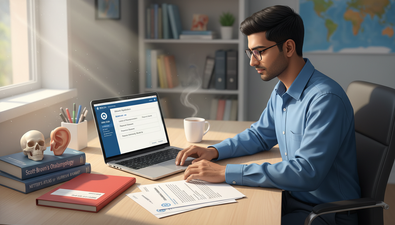 International medical graduate preparing residency application materials at desk - non-US citizen IMG for Letters of Recommen