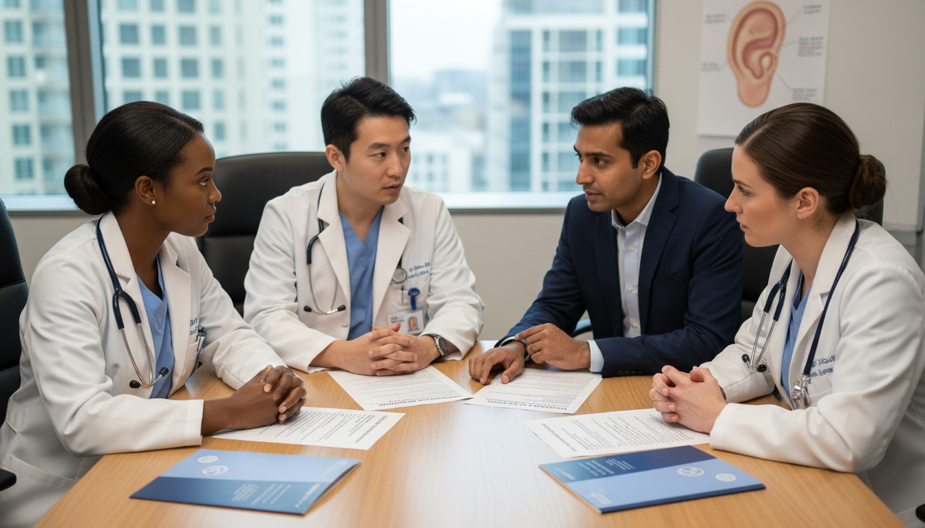International medical graduate discussing questions with ENT resident during interview day International medical graduate discussing questions with ENT resident during interview day - non-US citizen IMG for Questions