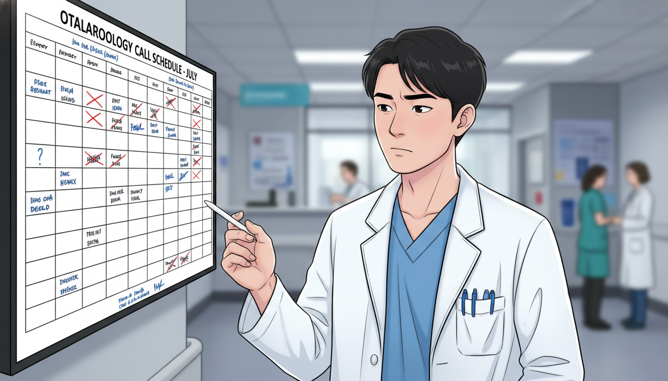Otolaryngology resident reviewing call schedule showing coverage gaps Otolaryngology resident reviewing call schedule showing coverage gaps - non-US citizen IMG for Resident Turnover Warning Sign