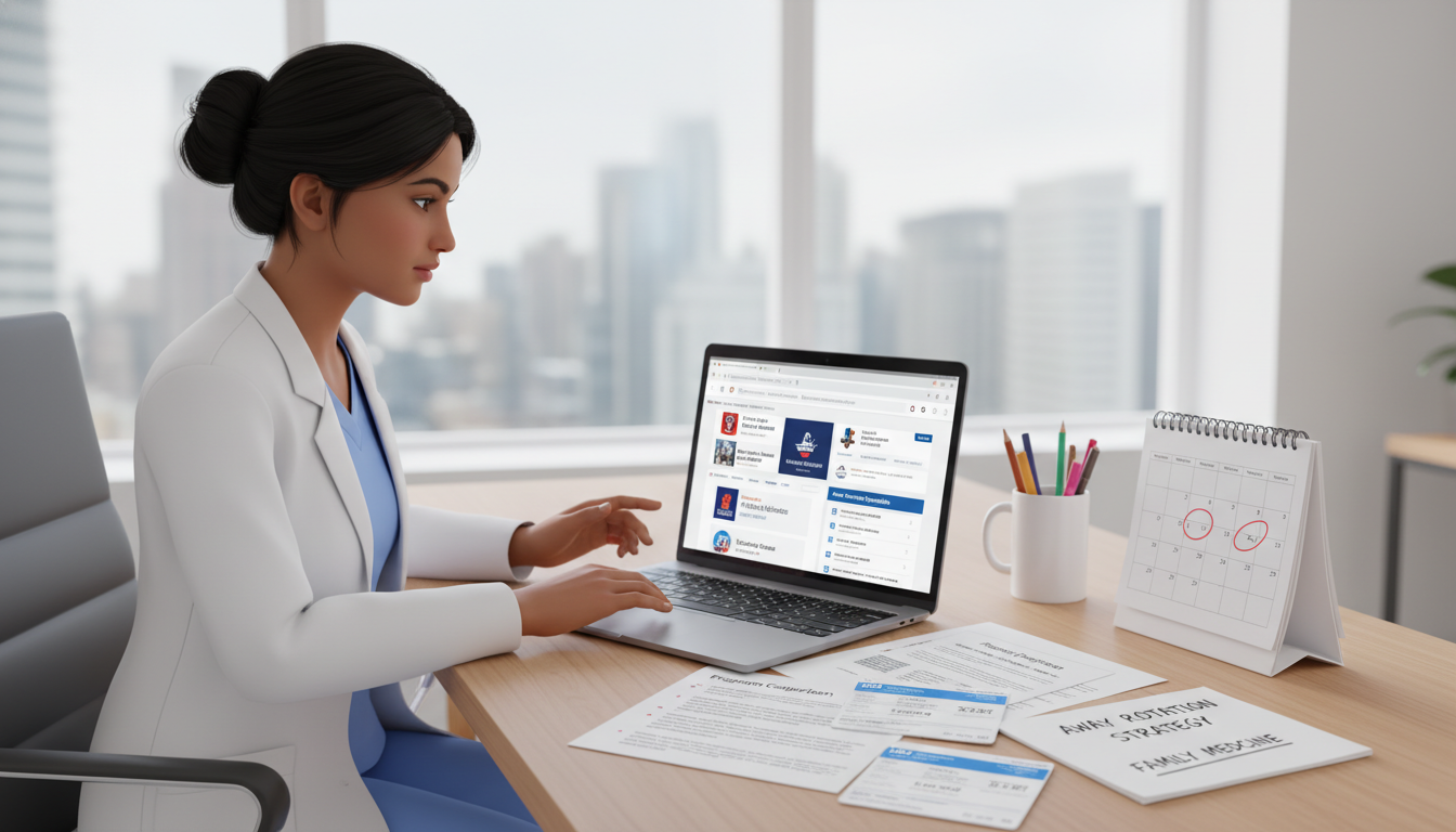 International medical graduate researching family medicine away rotation programs on a laptop - non-US citizen IMG for Away R