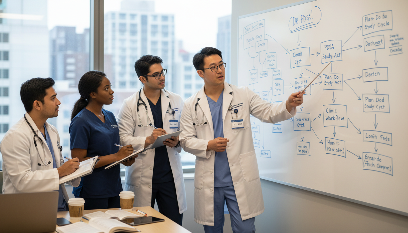 Family Medicine Residents Discussing a Quality Improvement Project Family Medicine Residents Discussing a Quality Improvement Project - non-US citizen IMG for Research During Residency for Non