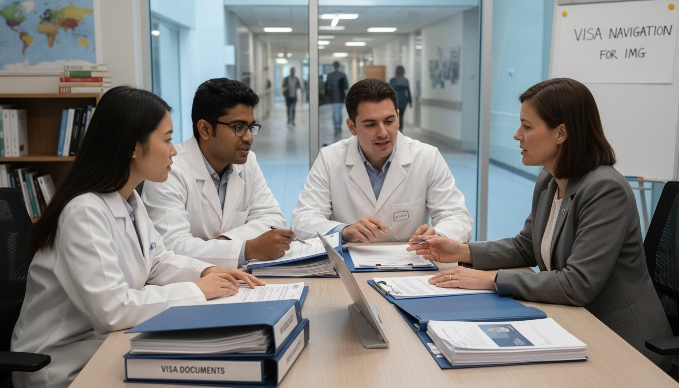 Family medicine residents discussing visa options with program coordinator Family medicine residents discussing visa options with program coordinator - non-US citizen IMG for Visa Navigation for Resid