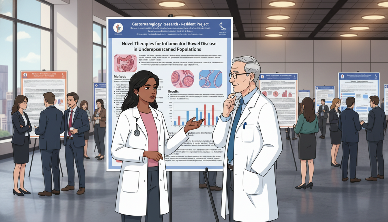 Resident presenting gastroenterology research poster at a conference - non-US citizen IMG for Research During Residency for N