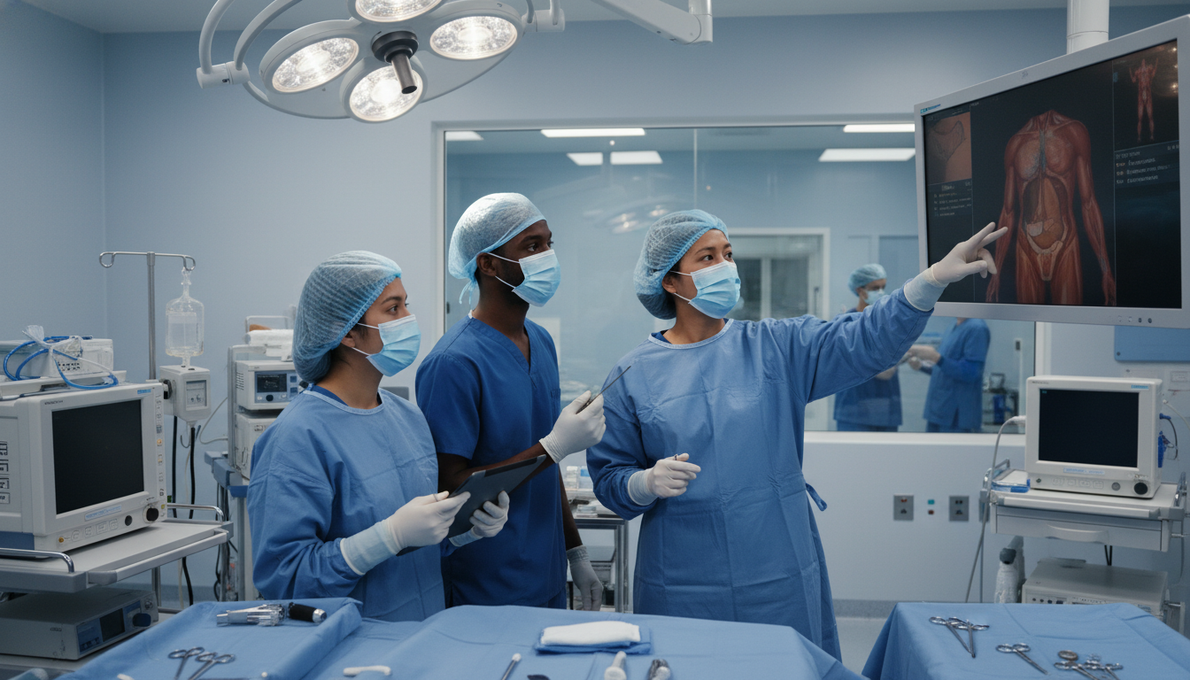 Non-US citizen IMG general surgeon teaching residents in the operating room Non-US citizen IMG general surgeon teaching residents in the operating room - non-US citizen IMG for Academic vs Private Prac