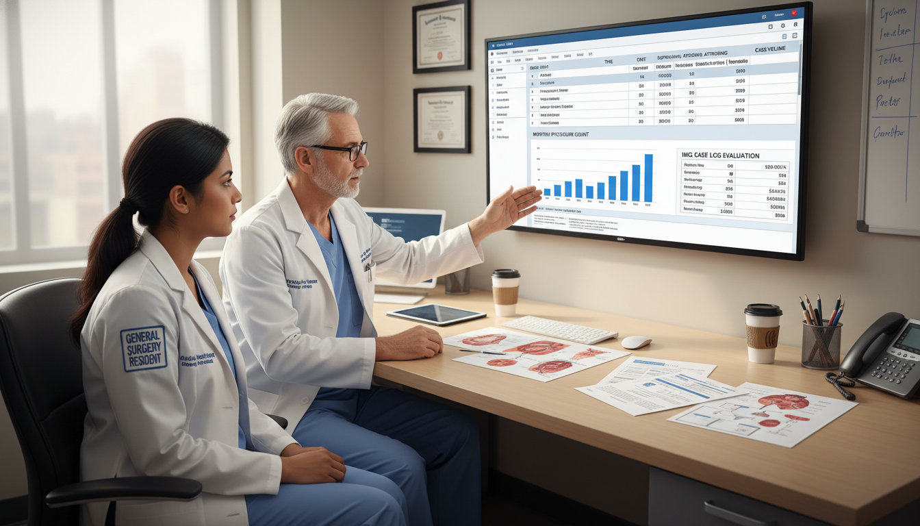 International medical graduate discussing residency case logs with faculty mentor - non-US citizen IMG for Case Volume Evalua