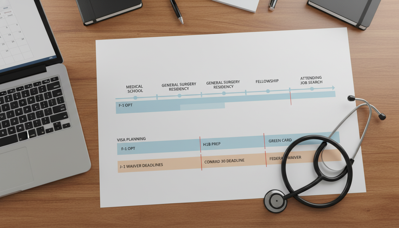 Timeline infographic for non-US citizen IMG general surgeon residency, fellowship, and job search Timeline infographic for non-US citizen IMG general surgeon residency, fellowship, and job search - non-US citizen IMG for Jo