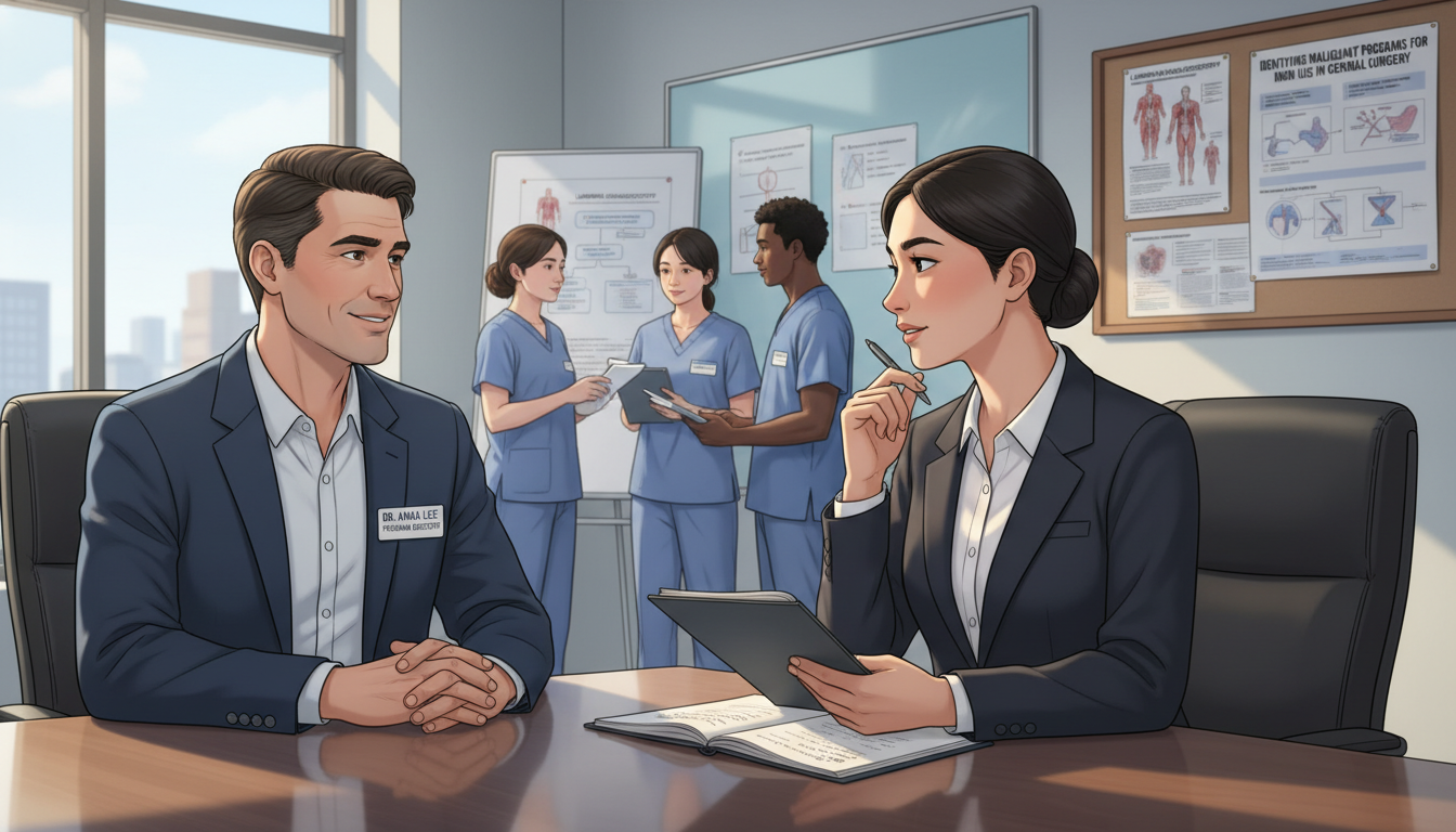 Non-US citizen IMG asking questions during general surgery residency interview day Non-US citizen IMG asking questions during general surgery residency interview day - non-US citizen IMG for Identifying Malig