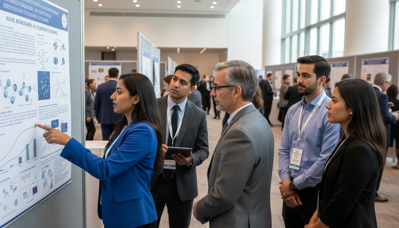 Non-US citizen IMG general surgery trainee networking at a poster session - non-US citizen IMG for Networking in Medicine for