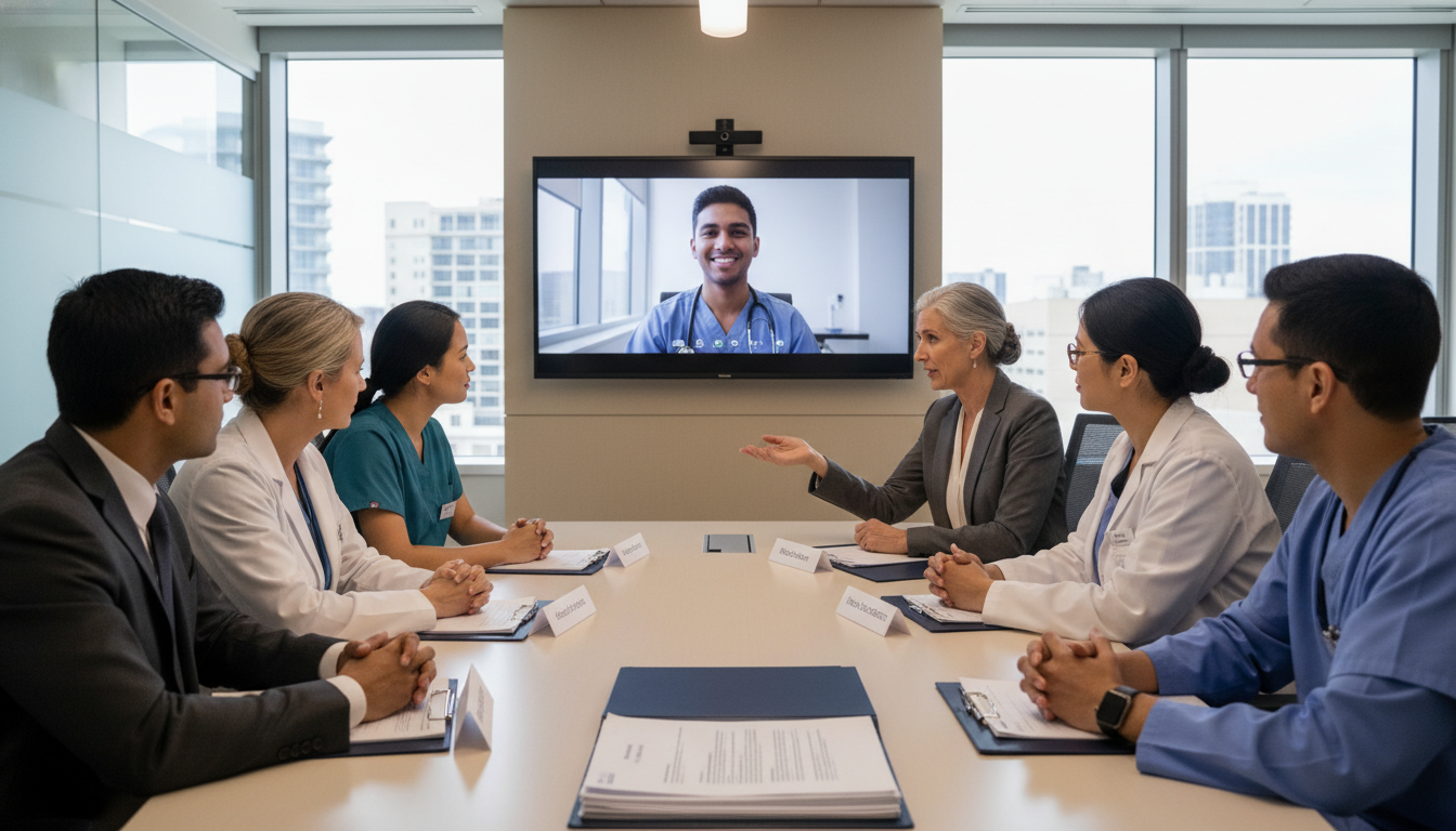 General surgery residency program director and interview panel meeting with an international medical graduate General surgery residency program director and interview panel meeting with an international medical graduate - non-US citize